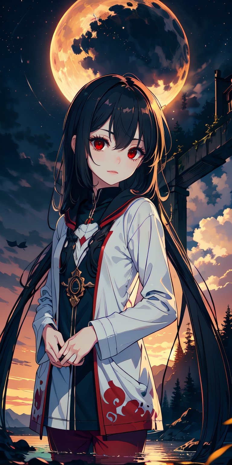 red eyes, black hair with red tips, girl, tender expression, ((long hair)), (dinamic pose), (pijama),
 centered, digital art, | sky, heavenly clouds, constellations, sky, clouds, heaven, mystical, psycodelic, | (saturated colors:1.2), sunset, bokeh, depth of field, | , hands in pockets, small breasts, slender body, slight smile,twitch emoji, standing on a floating platform