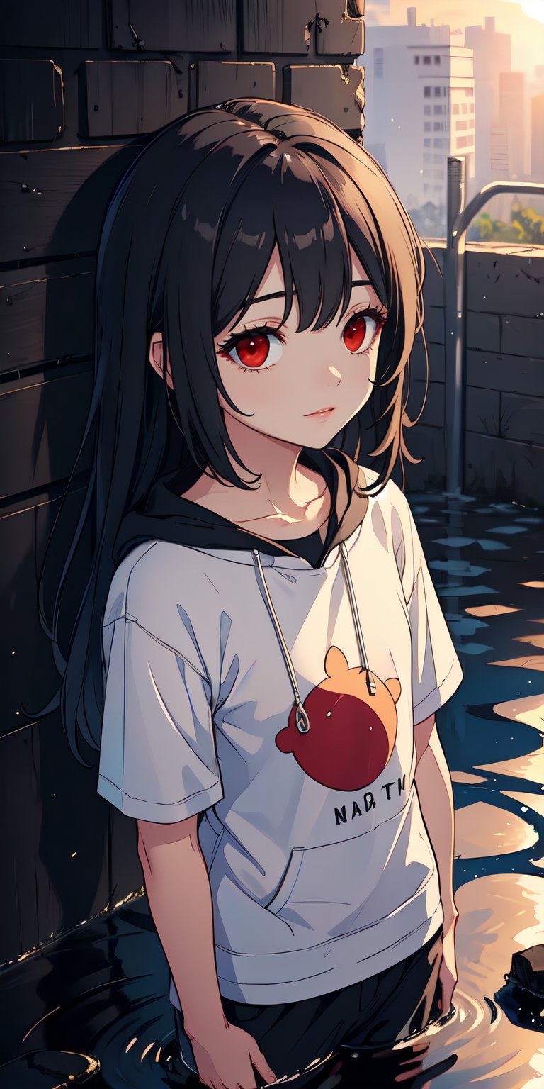 red eyes, black hair, girl, Loli, little girl, tender expression, long hair, (dinamic pose),
black baggy track pants, large white t-shirt with hood, long bangs, (white t-shirt black sleeves), centered, digital art, | sky, heavenly clouds, constellations, sky, clouds, heaven, mystical, psycodelic, | (saturated colors:1.2), sunset, bokeh, depth of field, | , hands in pockets, small breasts, slender body, stopped in a puddle, slight smile,twitch emoji, (Upper body)