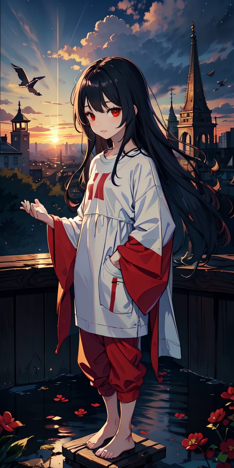 red eyes, black hair with red tips, girl, tender expression, ((long hair)), (dinamic pose), (pijama),
 centered, digital art, | sky, heavenly clouds, constellations, sky, clouds, heaven, mystical, psycodelic, | (saturated colors:1.2), sunset, bokeh, depth of field, | , hands in pockets, small breasts, slender body, slight smile,twitch emoji, standing on a floating platform