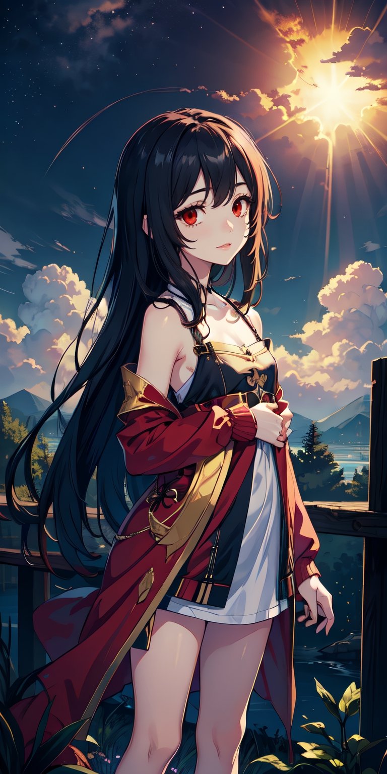 red eyes, black hair with red tips, girl, tender expression, ((long hair)), (dinamic pose), (pijama),
 centered, digital art, | sky, heavenly clouds, constellations, sky, clouds, heaven, mystical, psycodelic, | (saturated colors:1.2), sunset, bokeh, depth of field, | , hands in pockets, small breasts, slender body, slight smile,twitch emoji, standing on a floating platform