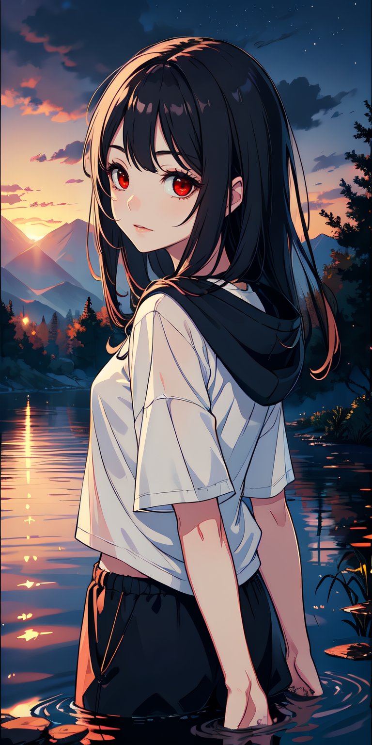 red eyes, black hair, girl, Loli, little girl, tender expression, long hair, (dinamic pose),
black baggy track pants, large white t-shirt with hood, long bangs, (white t-shirt black sleeves), centered, digital art, | sky, heavenly clouds, constellations, sky, clouds, heaven, mystical, psycodelic, | (saturated colors:1.2), sunset, bokeh, depth of field, | , hands in pockets, small breasts, slender body, stopped in a puddle, from behind looking back, slight smile,twitch emoji, (Upper body)