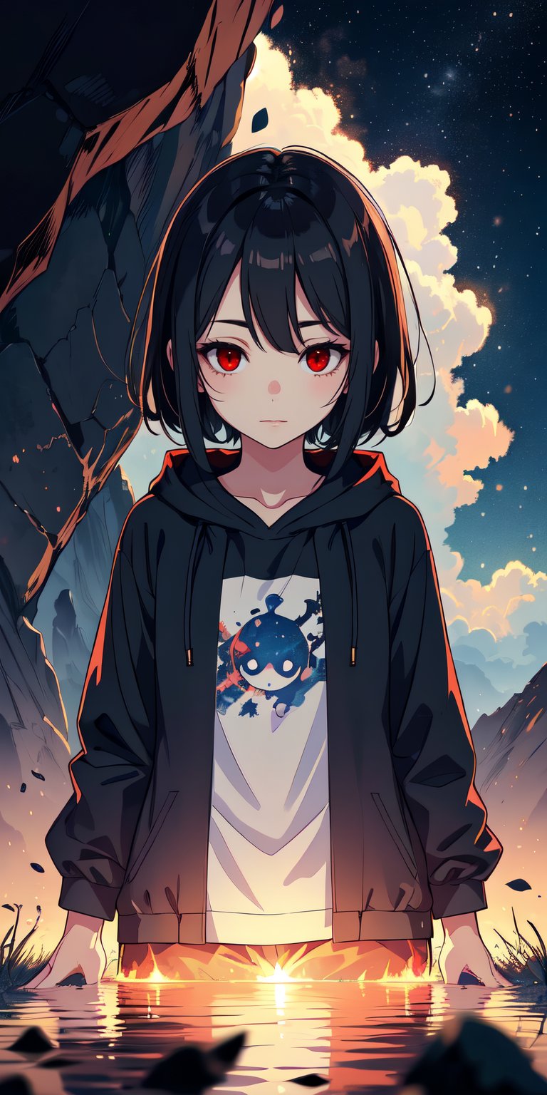 red eyes, black hair, girl, Loli, little girl, tender expression, long hair, (dinamic pose),
black baggy track pants, large white t-shirt with hood, long bangs, (white t-shirt black sleeves), centered, digital art, | sky, heavenly clouds, constellations, sky, clouds, heaven, mystical, psycodelic, | (saturated colors:1.2), sunset, bokeh, depth of field, | , hands in pockets, small breasts, slender body, stopped in a puddle, slight smile,twitch emoji, (Upper body)