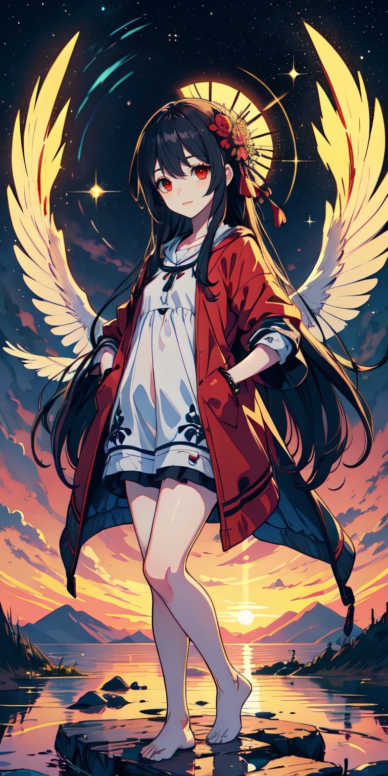 red eyes, black hair with red tips, girl, tender expression, ((long hair)), (dinamic pose), (pijama),
 centered, digital art, | sky, heavenly clouds, constellations, sky, clouds, heaven, mystical, psycodelic, | (saturated colors:1.2), sunset, bokeh, depth of field, | , hands in pockets, small breasts, slender body, slight smile,twitch emoji, standing on a floating platform