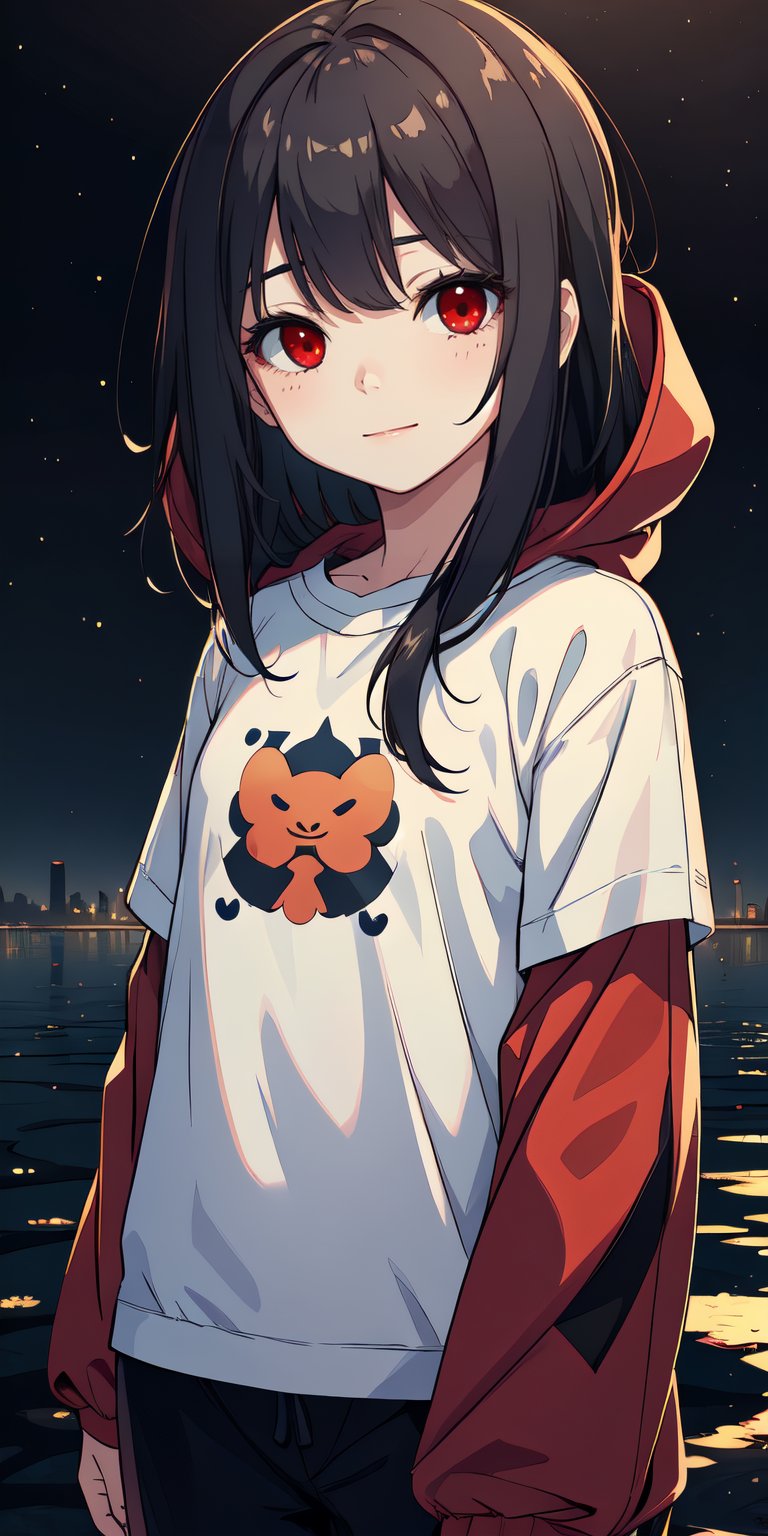 red eyes, black hair, girl, Loli, little girl, tender expression, long hair, (dinamic pose),
black baggy track pants, large white t-shirt with hood, long bangs, (white t-shirt black sleeves), centered, digital art, | sky, heavenly clouds, constellations, sky, clouds, heaven, mystical, psycodelic, | (saturated colors:1.2), sunset, bokeh, depth of field, | , hands in pockets, small breasts, slender body, stopped in a puddle, slight smile,twitch emoji, (Upper body)