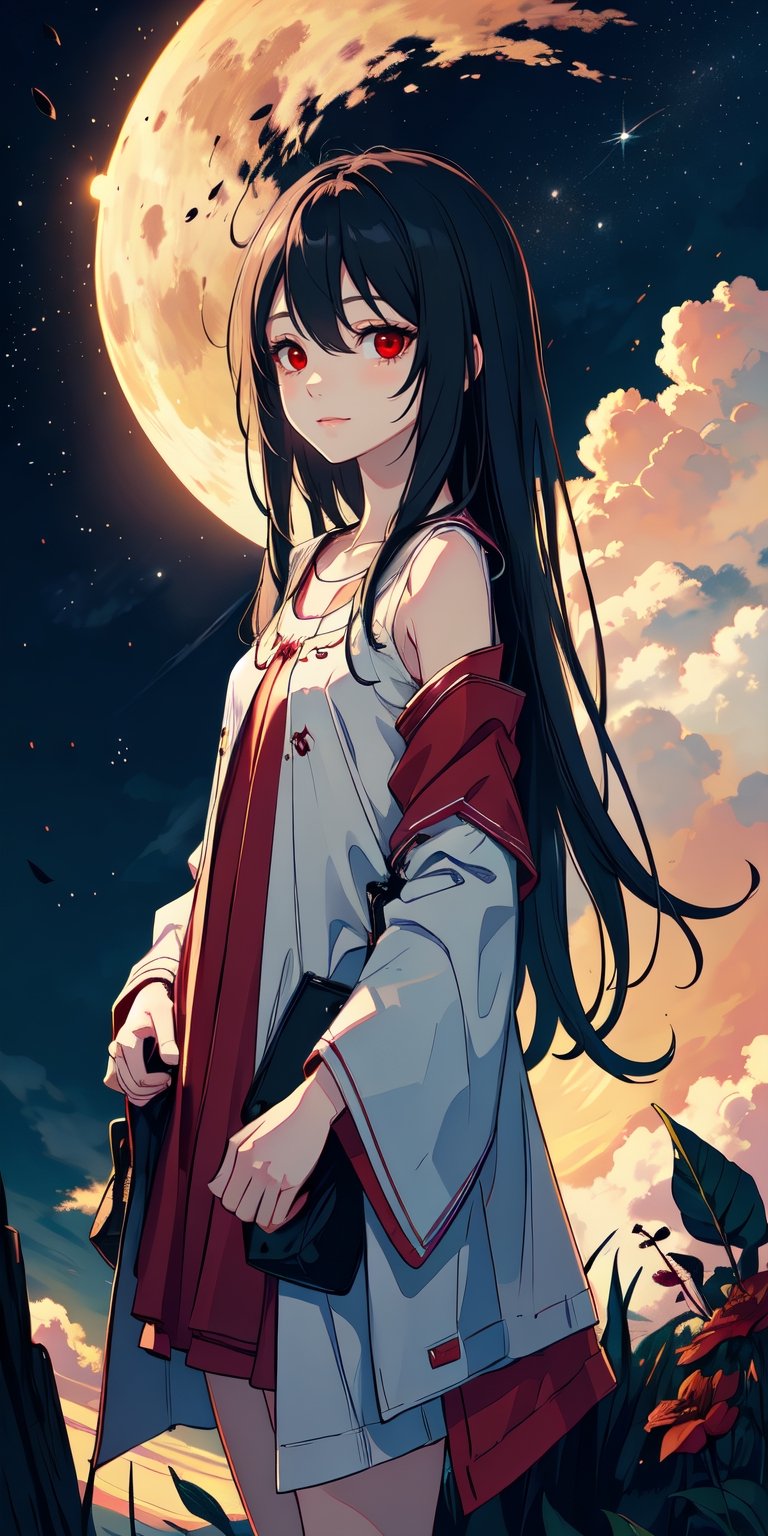 red eyes, black hair with red tips, girl, tender expression, ((long hair)), (dinamic pose), (pijama),
 centered, digital art, | sky, heavenly clouds, constellations, sky, clouds, heaven, mystical, psycodelic, | (saturated colors:1.2), sunset, bokeh, depth of field, | , hands in pockets, small breasts, slender body, slight smile,twitch emoji, standing on a floating platform