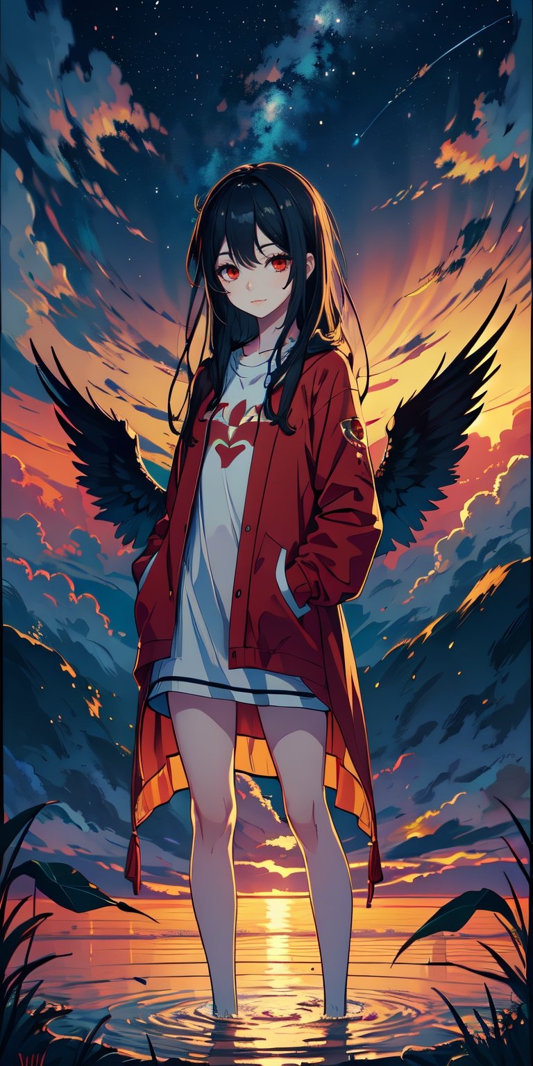 red eyes, black hair with red tips, girl, tender expression, ((long hair)), (dinamic pose), (pijama),
 centered, digital art, | sky, heavenly clouds, constellations, sky, clouds, heaven, mystical, psycodelic, | (saturated colors:1.2), sunset, bokeh, depth of field, | , hands in pockets, small breasts, slender body, slight smile,twitch emoji, standing on a floating platform