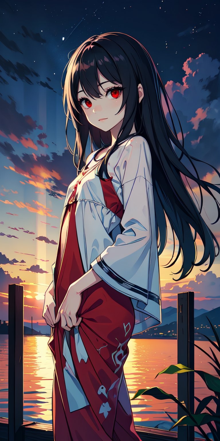 red eyes, black hair with red tips, girl, tender expression, ((long hair)), (dinamic pose), (pijama),
 centered, digital art, | sky, heavenly clouds, constellations, sky, clouds, heaven, mystical, psycodelic, | (saturated colors:1.2), sunset, bokeh, depth of field, | , hands in pockets, small breasts, slender body, slight smile,twitch emoji, standing on a floating platform