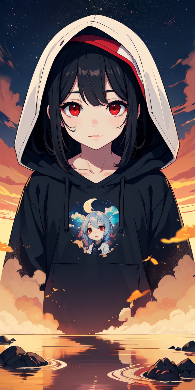 red eyes, black hair, girl, Loli, little girl, tender expression, long hair, (dinamic pose),
black baggy track pants, large white t-shirt with hood, long bangs, (white t-shirt black sleeves), centered, digital art, | sky, heavenly clouds, constellations, sky, clouds, heaven, mystical, psycodelic, | (saturated colors:1.2), sunset, bokeh, depth of field, | , hands in pockets, small breasts, slender body, stopped in a puddle, slight smile,twitch emoji, (Upper body)