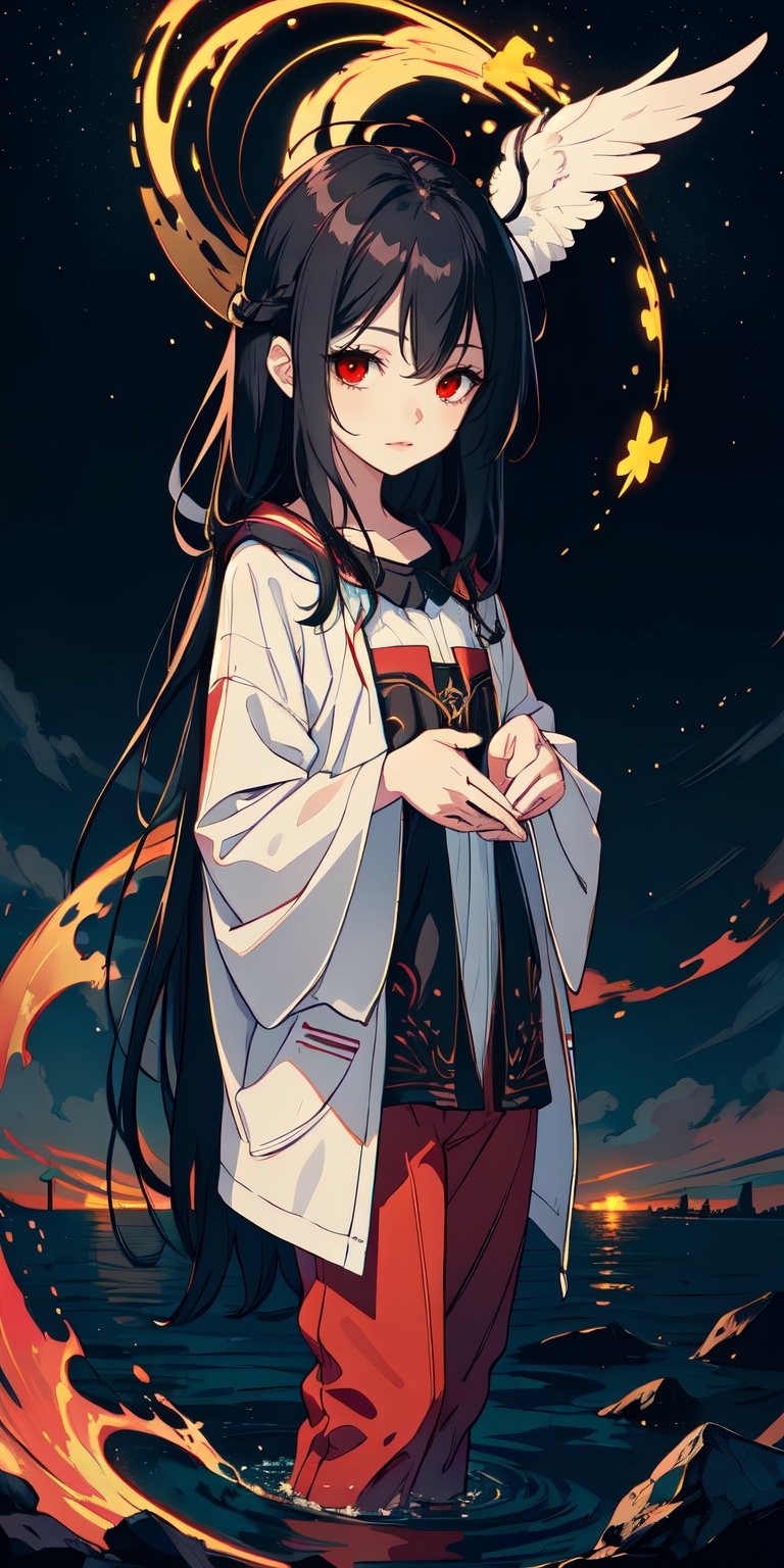 red eyes, black hair with red tips, girl, tender expression, ((long hair)), (dinamic pose), (pijama),
 centered, digital art, | sky, heavenly clouds, constellations, sky, clouds, heaven, mystical, psycodelic, | (saturated colors:1.2), sunset, bokeh, depth of field, | , hands in pockets, small breasts, slender body, slight smile,twitch emoji, standing on a floating platform