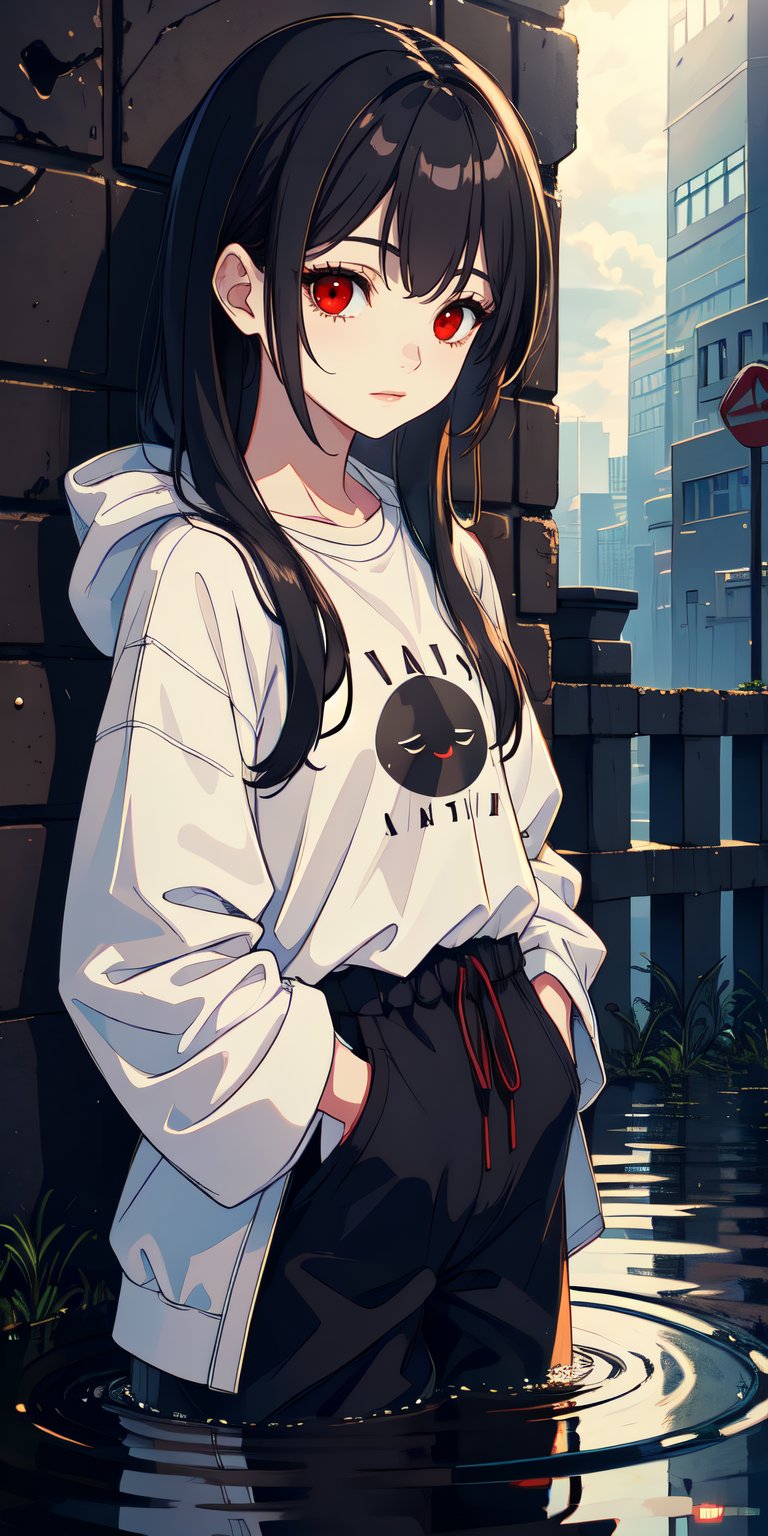 red eyes, black hair, girl, Loli, little girl, tender expression, long hair, (dinamic pose),
black baggy track pants, large white t-shirt with hood, long bangs, (white t-shirt black sleeves), centered, digital art, | sky, heavenly clouds, constellations, sky, clouds, heaven, mystical, psycodelic, | (saturated colors:1.2), sunset, bokeh, depth of field, | , hands in pockets, small breasts, slender body, stopped in a puddle, slight smile,twitch emoji, (Upper body)