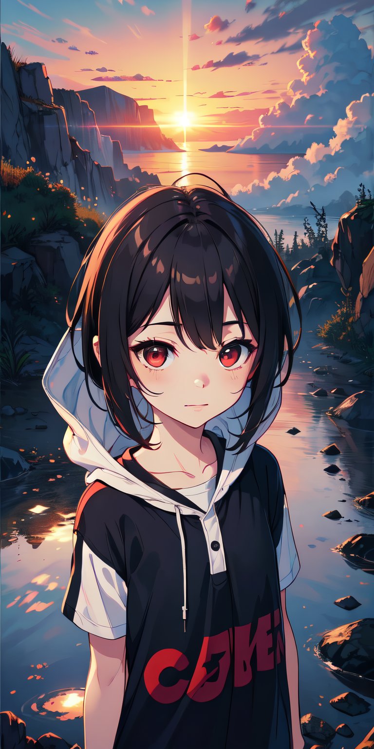 red eyes, black hair, girl, Loli, little girl, tender expression, long hair, (dinamic pose),
black baggy track pants, large white t-shirt with hood, long bangs, (white t-shirt black sleeves), centered, digital art, | sky, heavenly clouds, constellations, sky, clouds, heaven, mystical, psycodelic, | (saturated colors:1.2), sunset, bokeh, depth of field, | , hands in pockets, small breasts, slender body, stopped in a puddle, slight smile,twitch emoji, (Upper body)