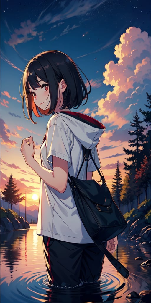 red eyes, black hair, girl, Loli, little girl, tender expression, long hair, (dinamic pose),
black baggy track pants, large white t-shirt with hood, long bangs, (white t-shirt black sleeves), centered, digital art, | sky, heavenly clouds, constellations, sky, clouds, heaven, mystical, psycodelic, | (saturated colors:1.2), sunset, bokeh, depth of field, | , hands in pockets, small breasts, slender body, stopped in a puddle, from behind looking back, slight smile,twitch emoji, (Upper body)