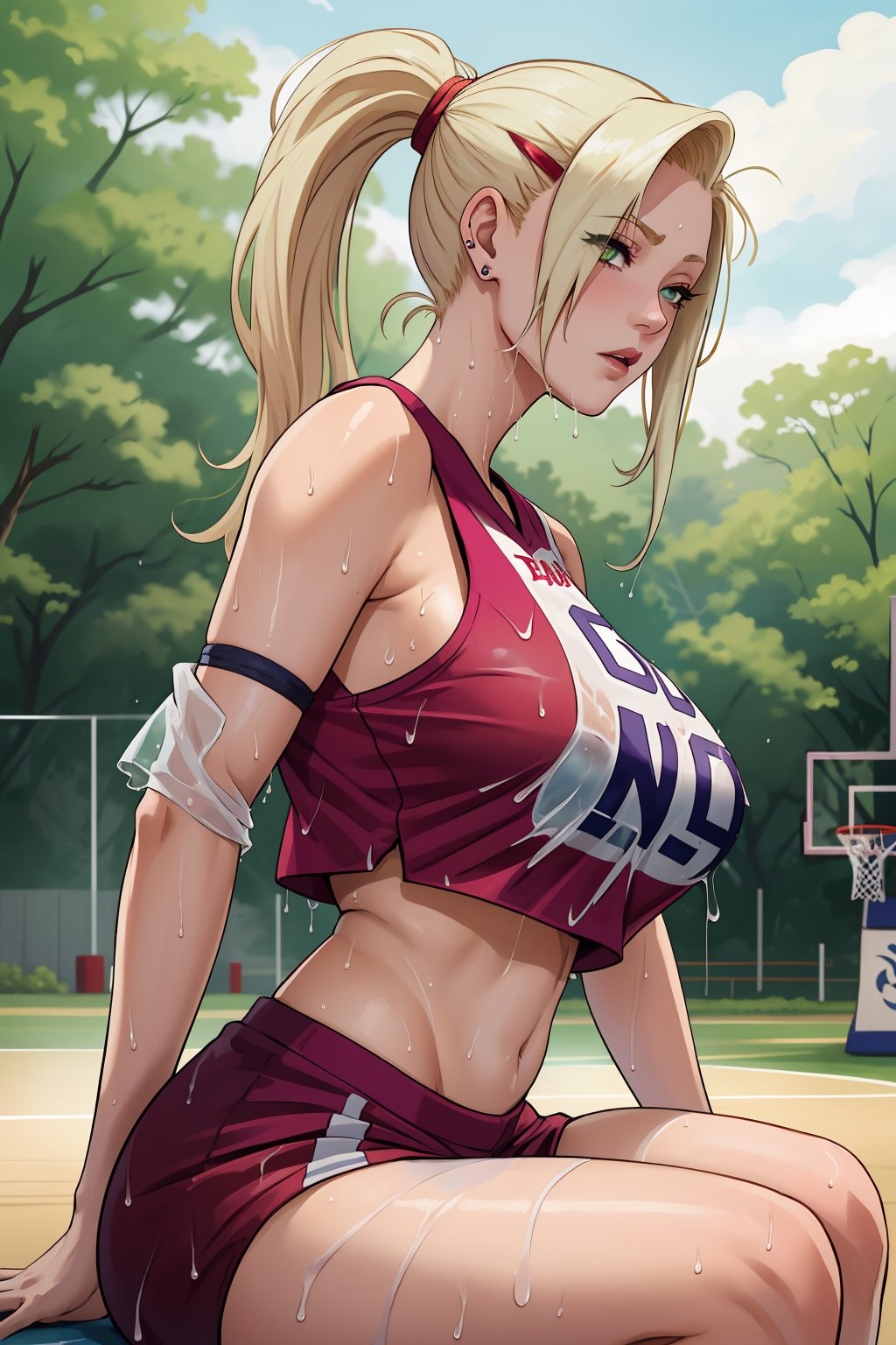  upper body, earring,milfication, mature female, huge breasts,yamanaka ino,yamanaka ino, hair over one eye, ponytail, hairclip, curvy, sitting in park,gigantic breasts, nsfw, (wearing transparent wet white basketball jersey croptop see through), view from side, crotch, underboob