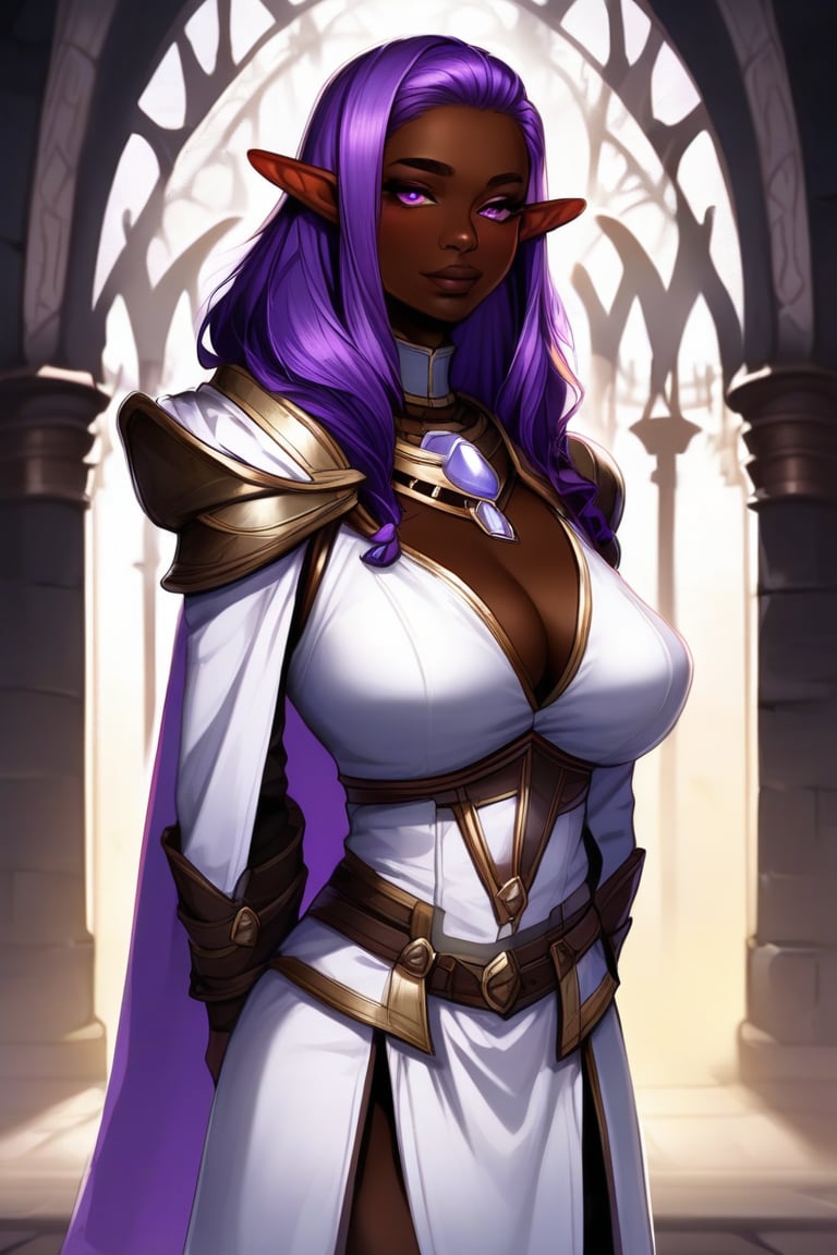 Dark elf, purple hair, white healer robe, ebony skin, dark skin, cathedral background, darkelfrpg