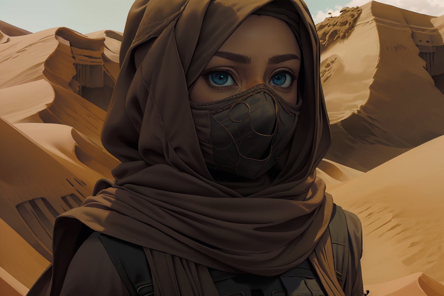 huge natural breasts, (masterpiece), best quality, expressive eyes, perfect face, intricate dune desert costume, gray, veil, female fremen, sand worm, tan scarf,photorealistic, cinematic sand dunes in background