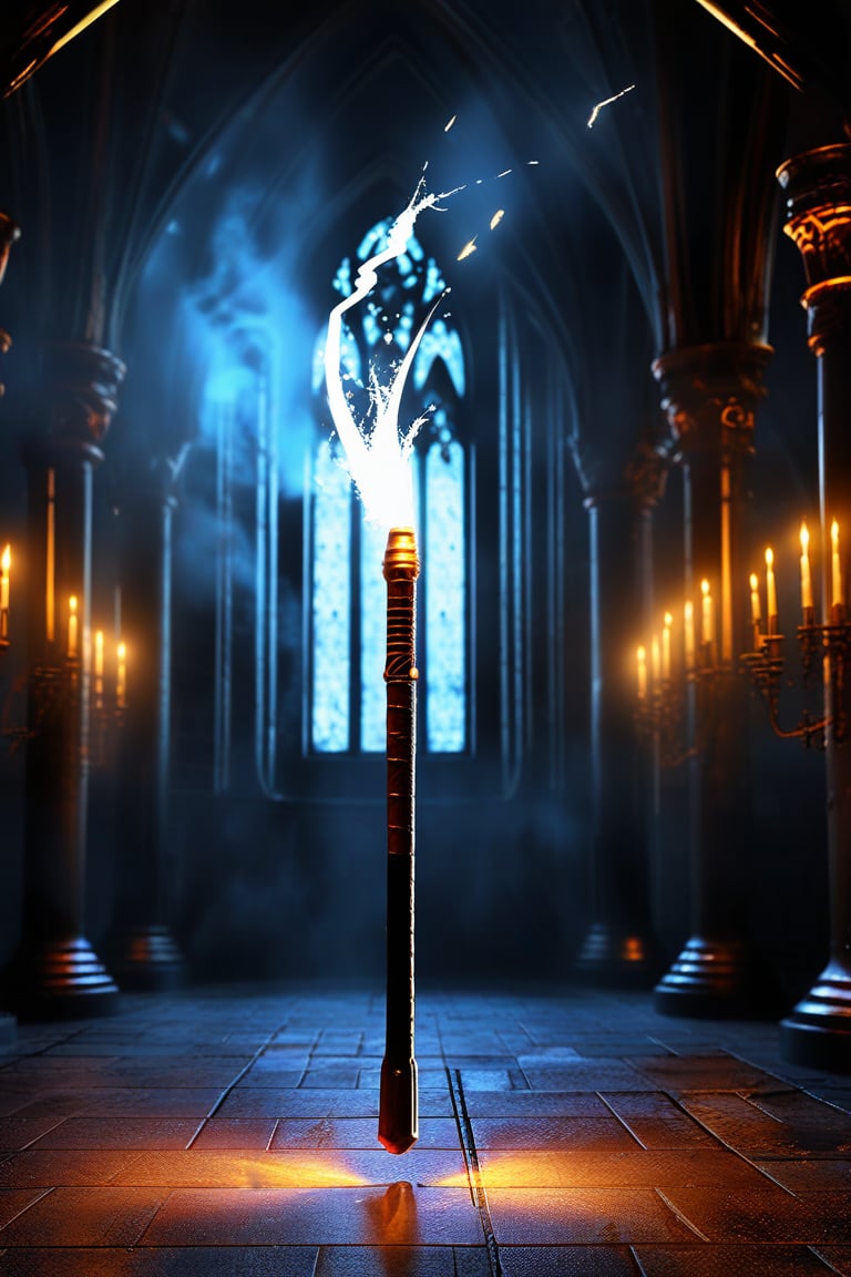 Hogwarts magic wand casting lightning sparks out of the tip, cinematic lighting, dark room in Hogwarts castle