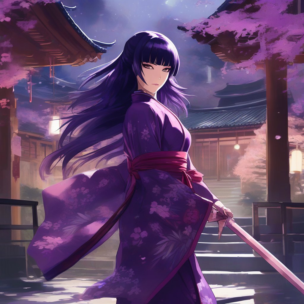 anime, Raiden Shogun Genshin Impact anime style dressed in purple kimono, in Japanese Temple courtyard 