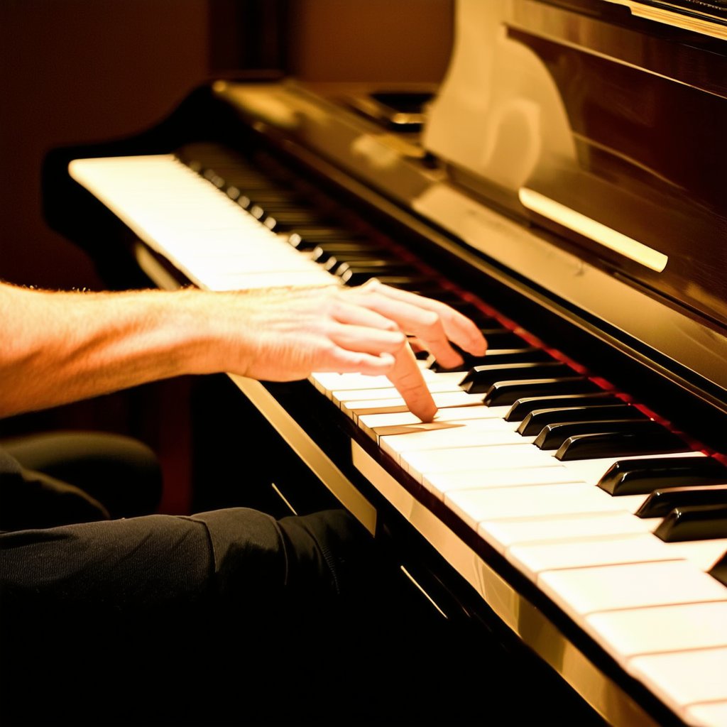 A close-up shot of a musician intensely focused on playing the piano, fingers gracefully dancing over the keys. The lighting is soft and warm, highlighting the musician's expressive face and the intricate details of the piano. The composition is centered, emphasizing the intimate connection between the performer and the instrument. The background is blurred, creating a sense of depth and isolating the subject for a more impactful visual experience.