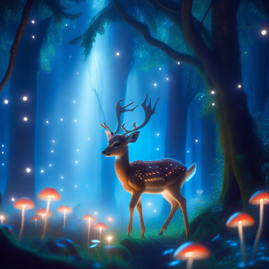 A serene image of Bambi the deer, standing gracefully in an enchanted forest. The scene is illuminated by the soft, ethereal glow of bioluminescent mushrooms scattered around. The forest is dense with ancient trees, their branches intertwining overhead, creating a mystical canopy. The lighting is magical, casting a gentle, otherworldly light on Bambi, highlighting its delicate features and the enchanting environment. The composition focuses on Bambi, with the glowing mushrooms adding a whimsical touch to the background.