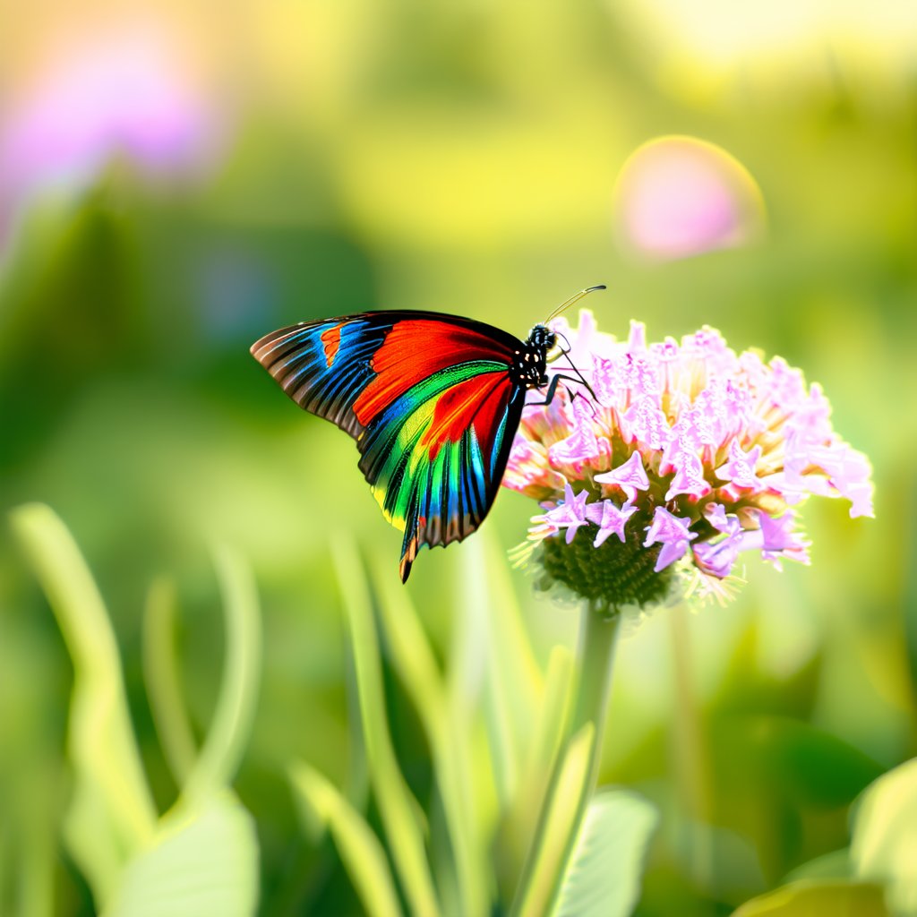 A vibrant close-up shot of a colorful butterfly, its wings spread delicately, resting on a blooming flower in a garden. The scene is bathed in soft morning sunlight, highlighting the intricate patterns on the butterfly's wings and the delicate petals of the flower. The composition focuses on the interaction between the butterfly and the flower, capturing a serene moment of nature's beauty.