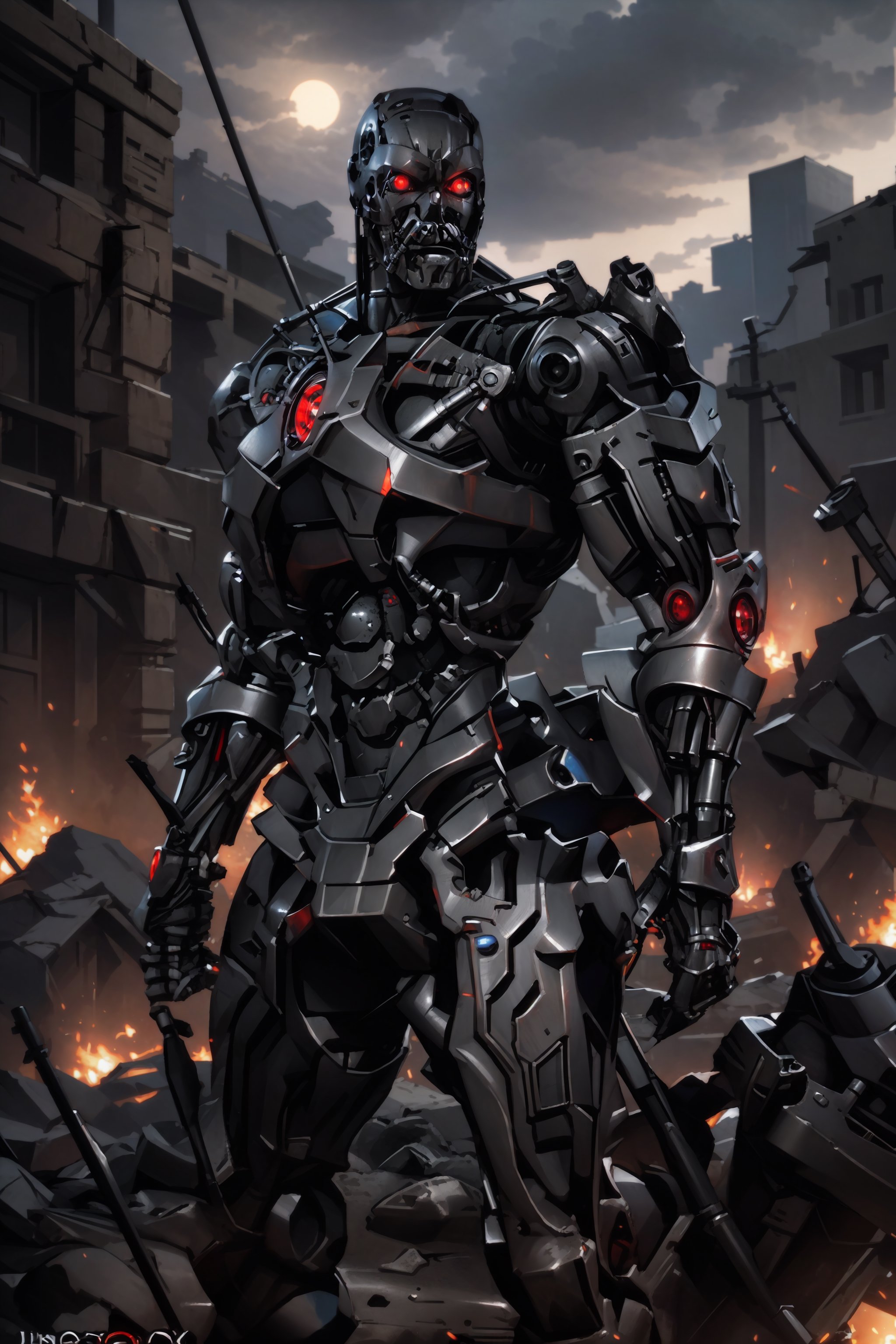 evil cyborg, red eyes, high quality, ultra-detailed, (masterpiece, best quality), huge weapons, armored suit