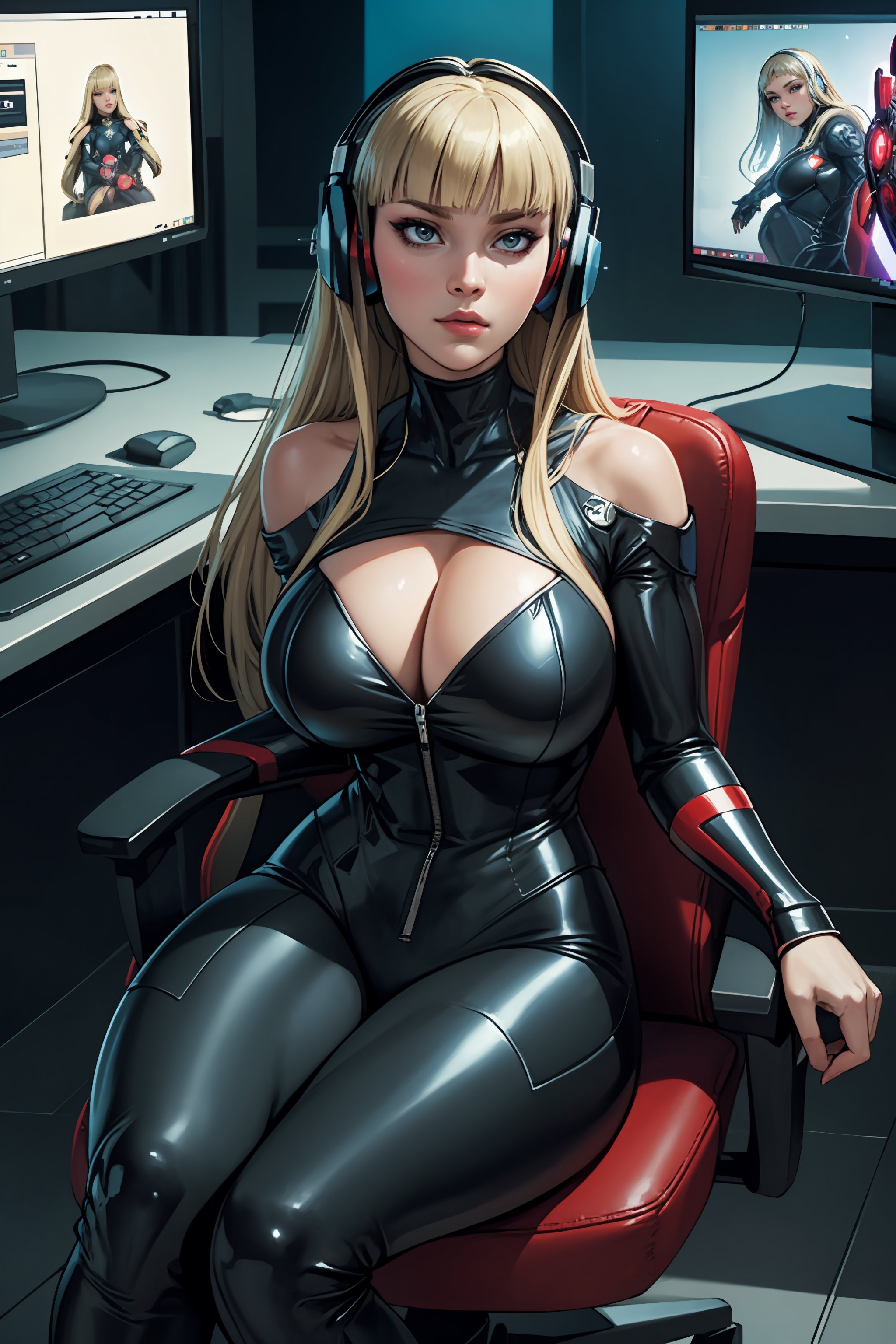 gigantic breasts, Marvel Illyana Rasputin Magik, black bodysuit,  high quality, ultra-detailed, (masterpiece, best quality), HUGE breasts,gamergirl, headphones, computer monitor, sitting in gaming chair