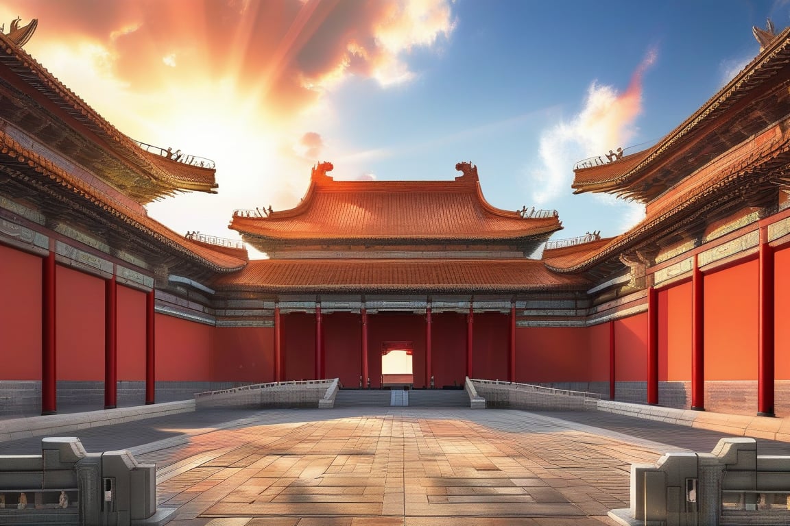 Create a cinematic image of the Chinese Forbidden Palace made out of iron, iron walls with dramatic lighting as the rising sun casts golden rays over the ancient architecture. The composition captures the grand entrance, highlighting intricate details and the vast courtyard. The scene is framed to emphasize the majestic scale and historical significance, with the sunlight illuminating the palace's red iron walls and ornate roofs.