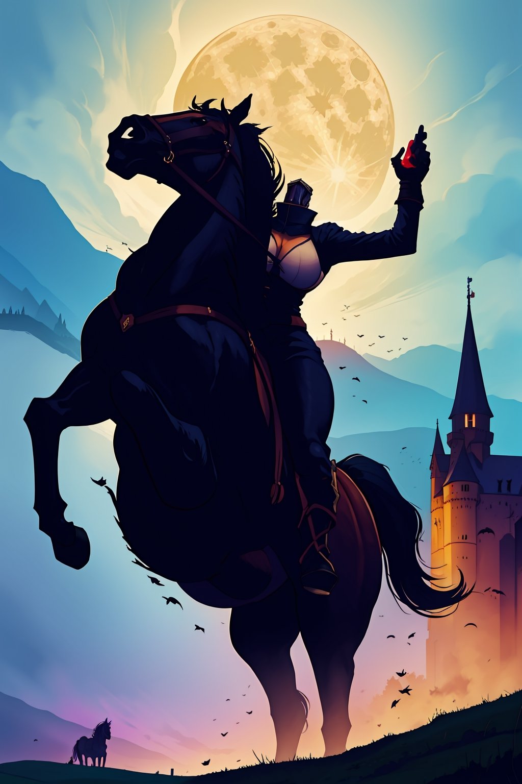 curvy, gigantic breasts, (masterpiece), best quality, photorealistic, cinematic, Irish castle background,riding,horse,headless,moon,horsebackriding, headless