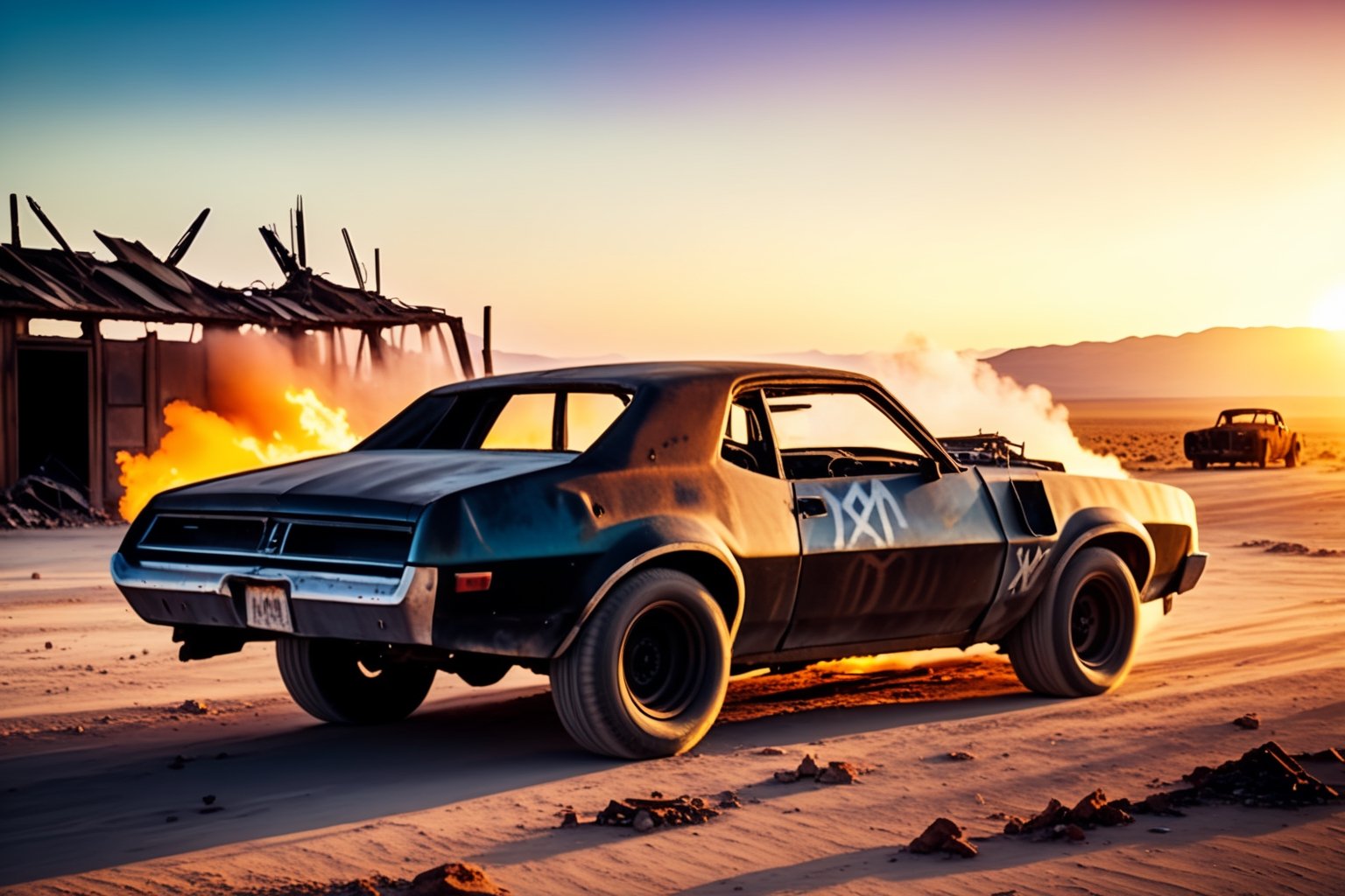 abandoned mad max car in forsaken desert apocalypse, burning buildings, ruins, wasteland style, cinematic lighting, sunset, 8k, HDR, ambient occlusion