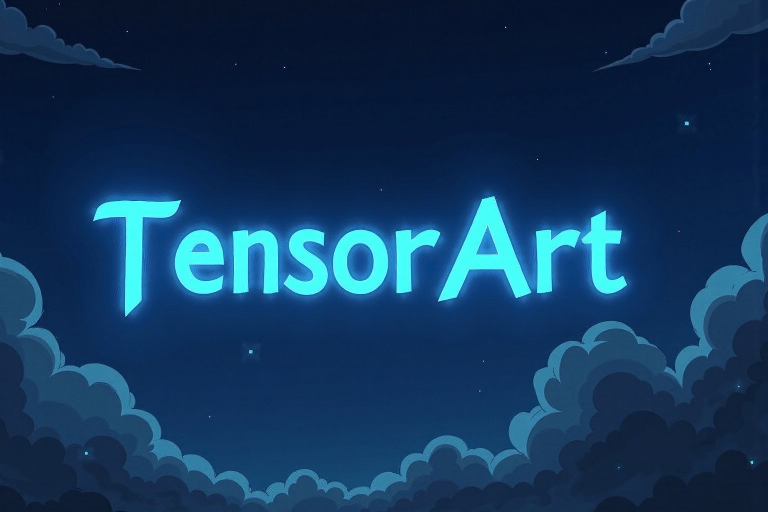 LOGO,fluxdarkelf, showing words 'TensorArt' in anime style, light blue text "TensorArt", dark blue sky background with dark clouds