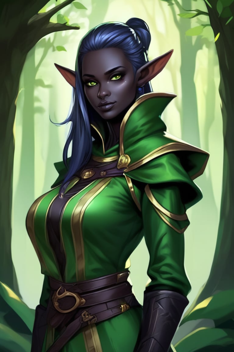 Dark elf, green tunic forest dark skin, darkelfrpg