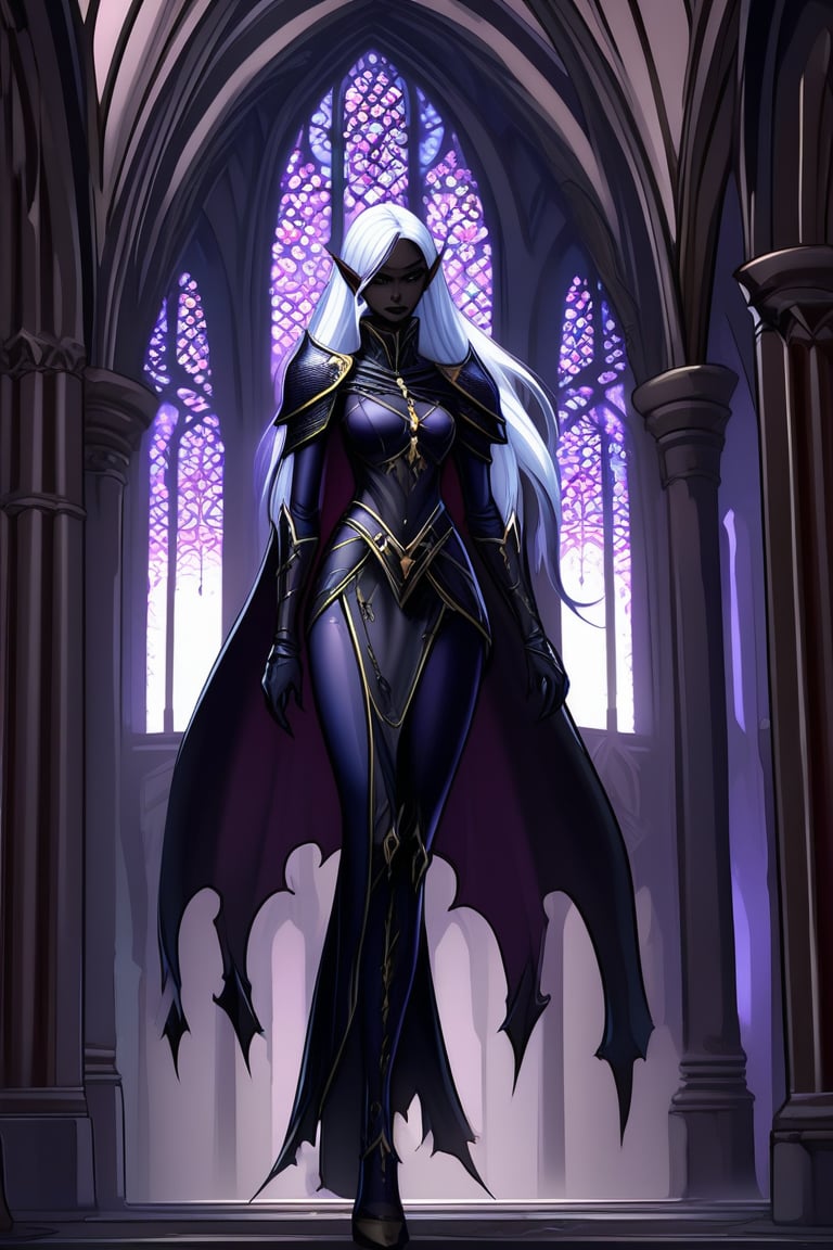 Dark elf, dark skin, cathedral background, darkelfrpg