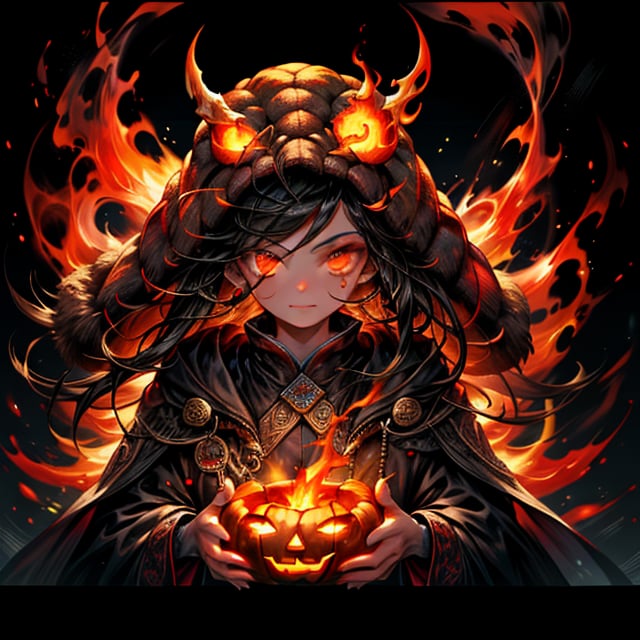 A pumpkin-headed character with blazing fire eyes, intricate pumpkin texture, detailed facial features, fantasy world background, glowing elements, cinematic lighting, vibrant colors, digital art
