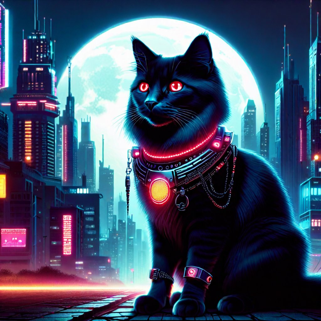 An elegant and understated cyberpunk cat, with impeccable black fur and glowing red eyes, subtle metallic details adorn its body, matching a cybernetic crystal pendant necklace, the environment is an abandoned cityscape, with decaying buildings and undergrowth, the light of the moon illuminates the scenery, creating a melancholy and silent atmosphere, oil painting on canvas,