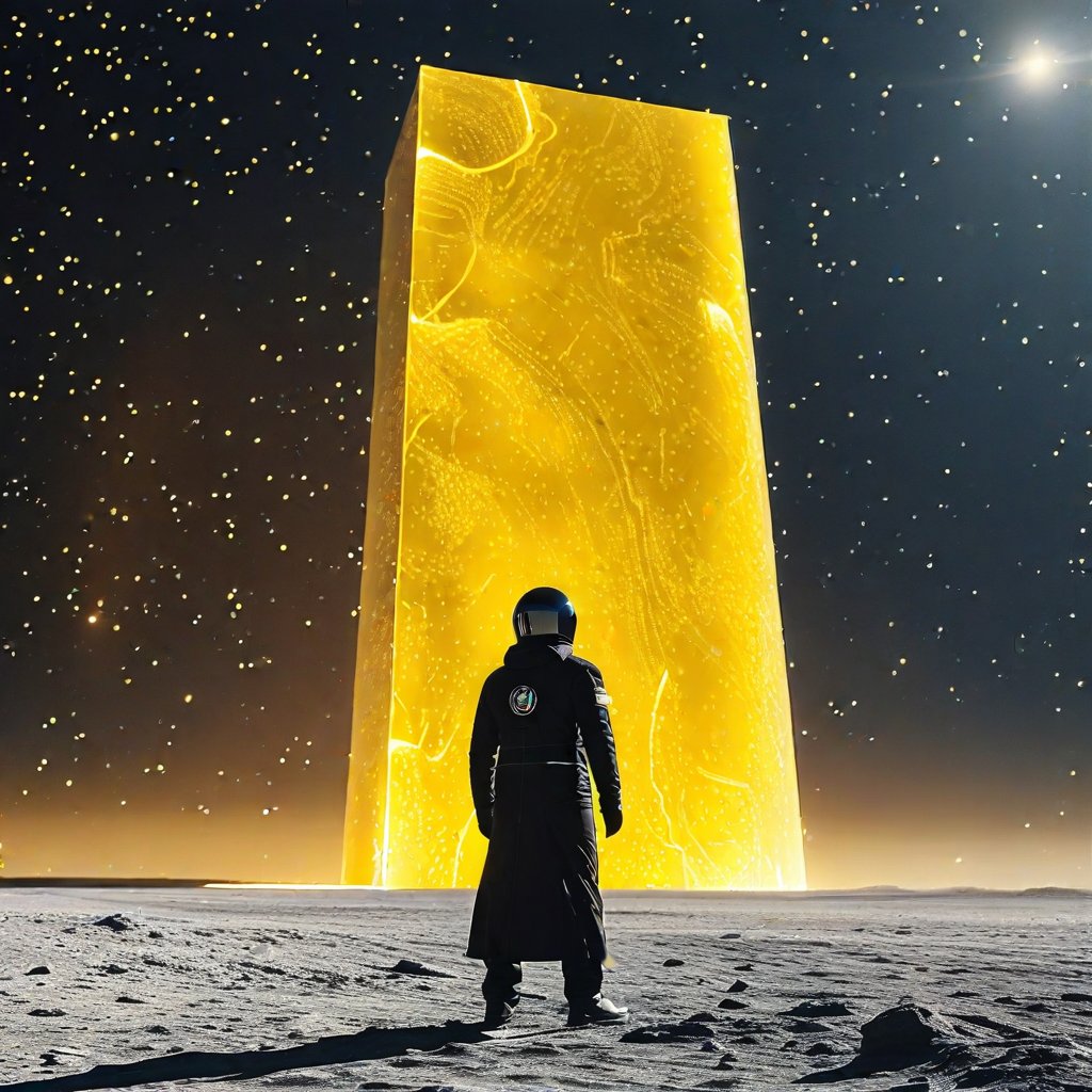 a ground view from the back of an astronaut in a black suit in front of a yellow mysterious monolith, 35mm photograph, film, bokeh, professional, 4k, highly detailed",