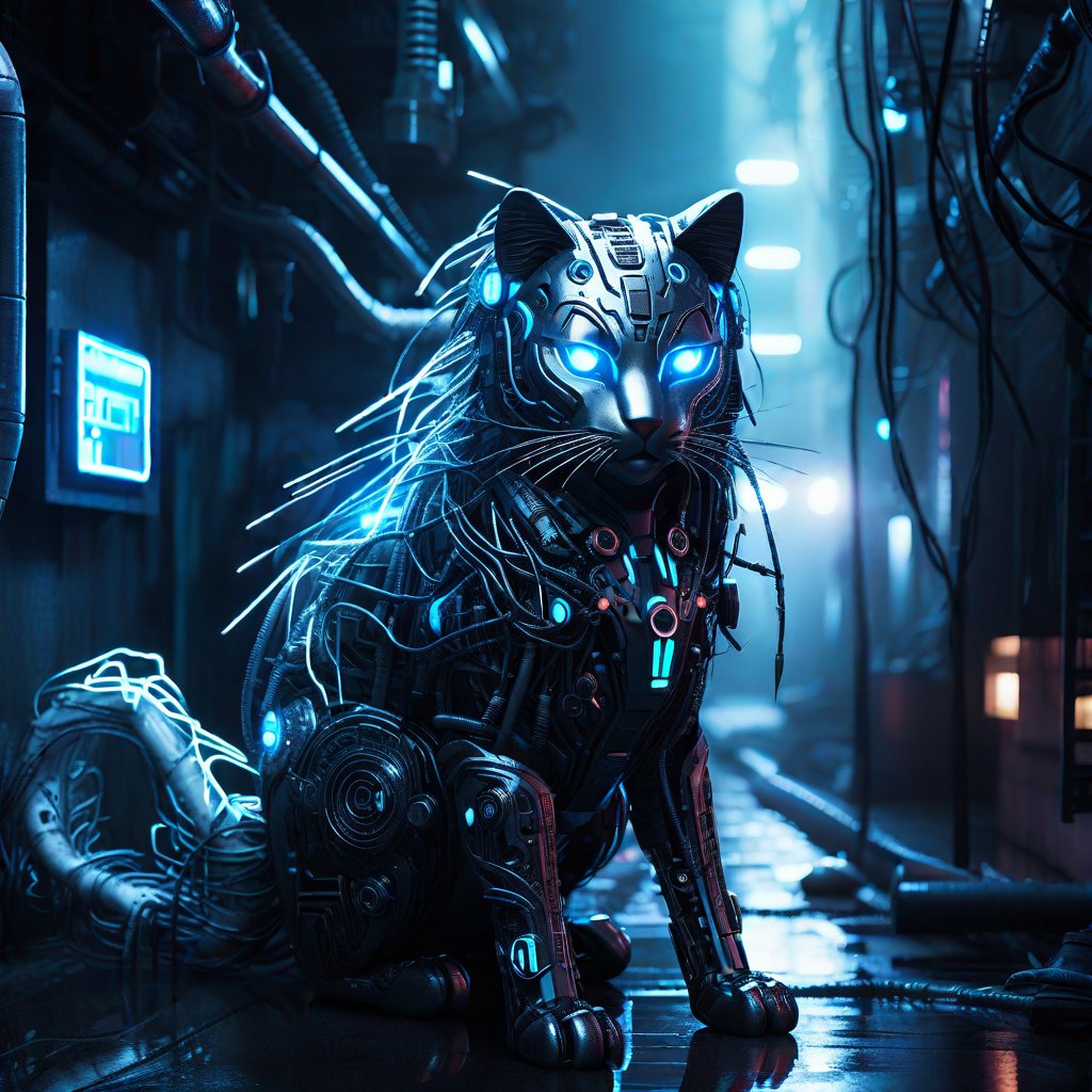 A mysterious cyberpunk cat with silver fur and a long robotic tail, its eyes are illuminated by intense blue LEDs, the face features intricate biomechanical details such as metal implants and visible circuitry, the environment is a dark, dank alley filled with loose wires and exposed pipes, amid mist and rain, creating a dark and enigmatic atmosphere, sculpture, sculpted and painted clay, --ar 9:16