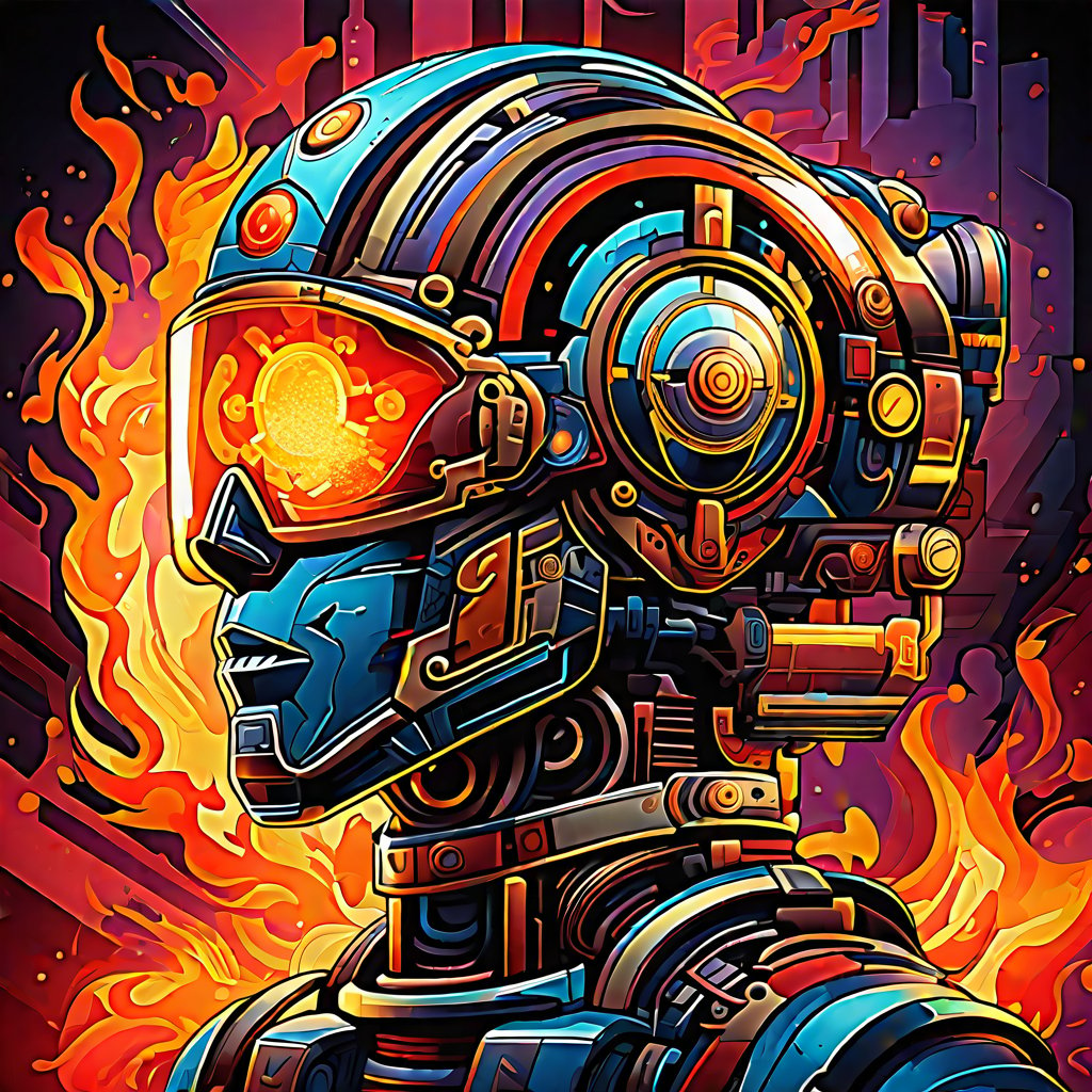 a stylized robot with art deco fairing and flaming gears,  graphic illustration, comic art, graphic novel art, vibrant, highly detailed, vibrant, beautiful, crisp, detailed, ultra detailed, intricate