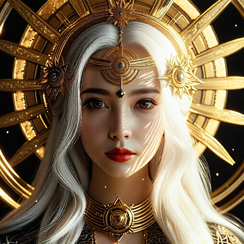 white hair sun queen partially golden face dark fantasy 4k cinematic octane render