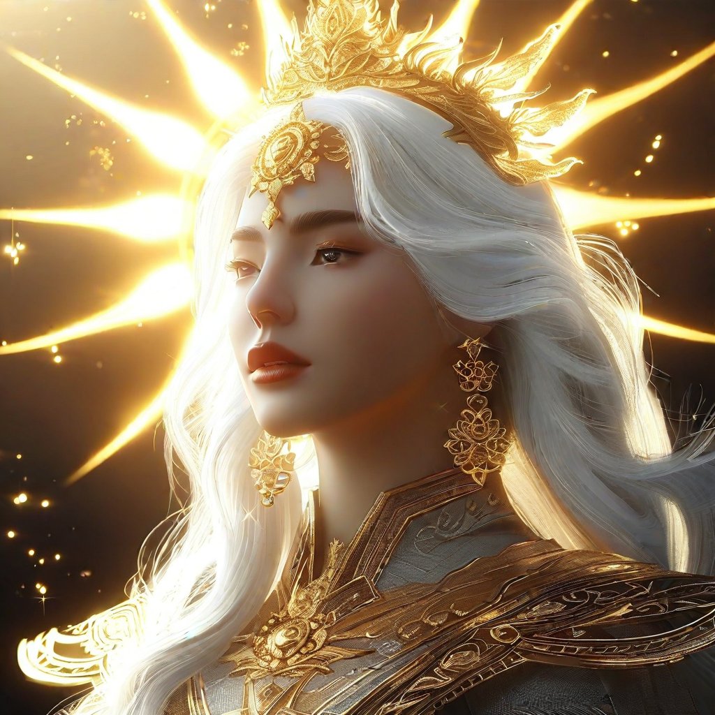 white hair sun queen partially golden face dark fantasy 4k cinematic octane render