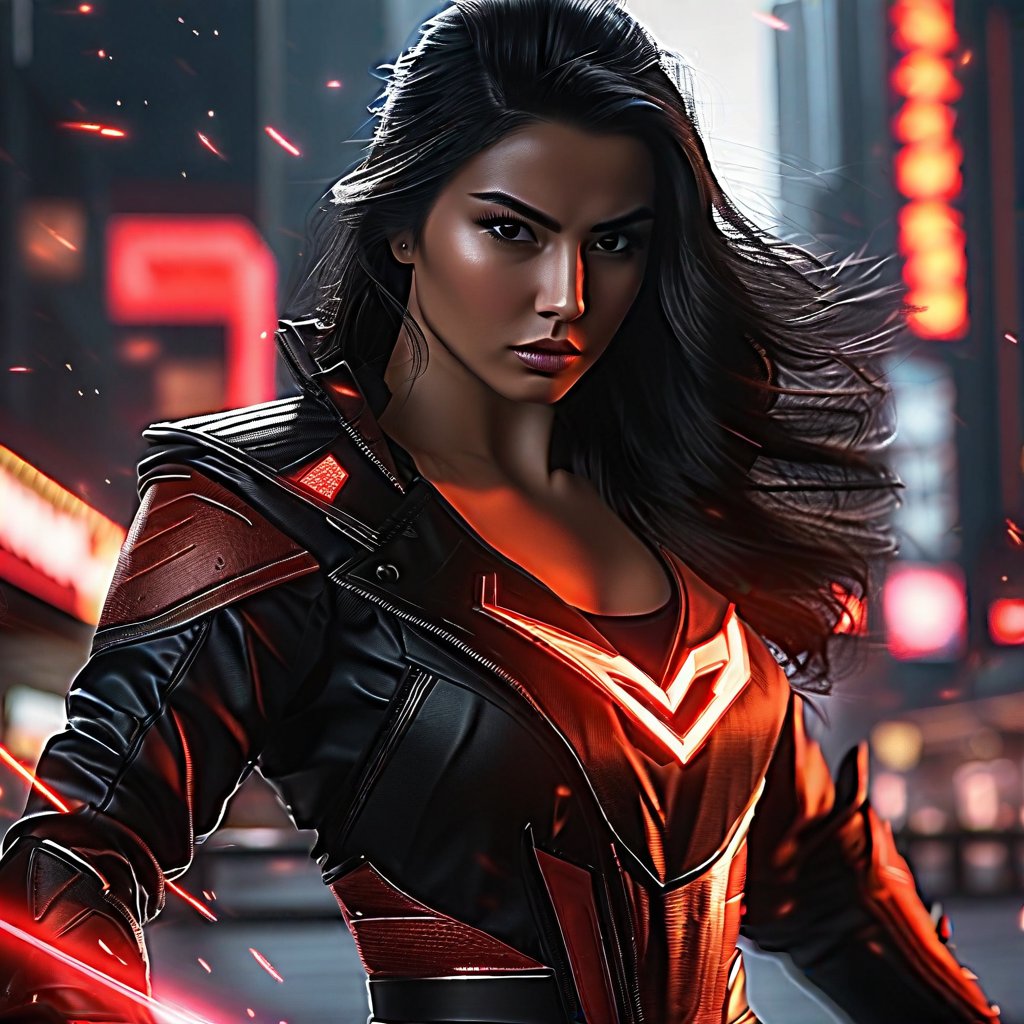 detailed portrait of a fierce female warrior, one girl, muscular physique, intense expression, long dark hair, piercing eyes, sharp facial features, wearing black leather jacket, striking a fighting pose, dramatic lighting, gritty urban background, shades of black and red, cinematic, hyper-realistic, 8k, award winning digital art