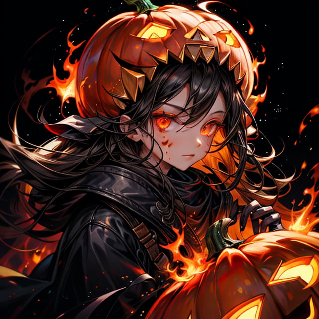 A pumpkin-headed character with blazing fire eyes, intricate pumpkin texture, detailed facial features, fantasy world background, glowing elements, cinematic lighting, vibrant colors, digital art
