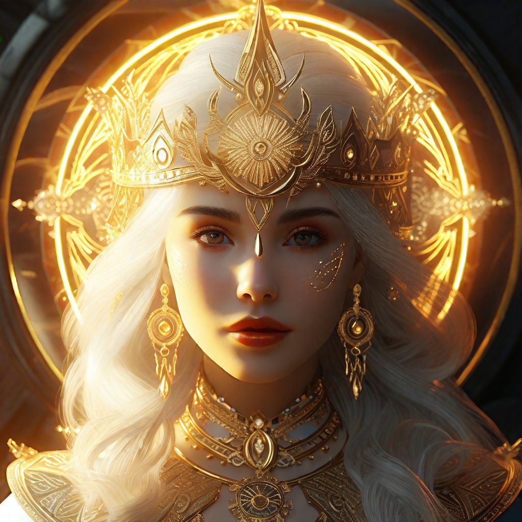 white hair sun queen partially golden face dark fantasy 4k cinematic octane render