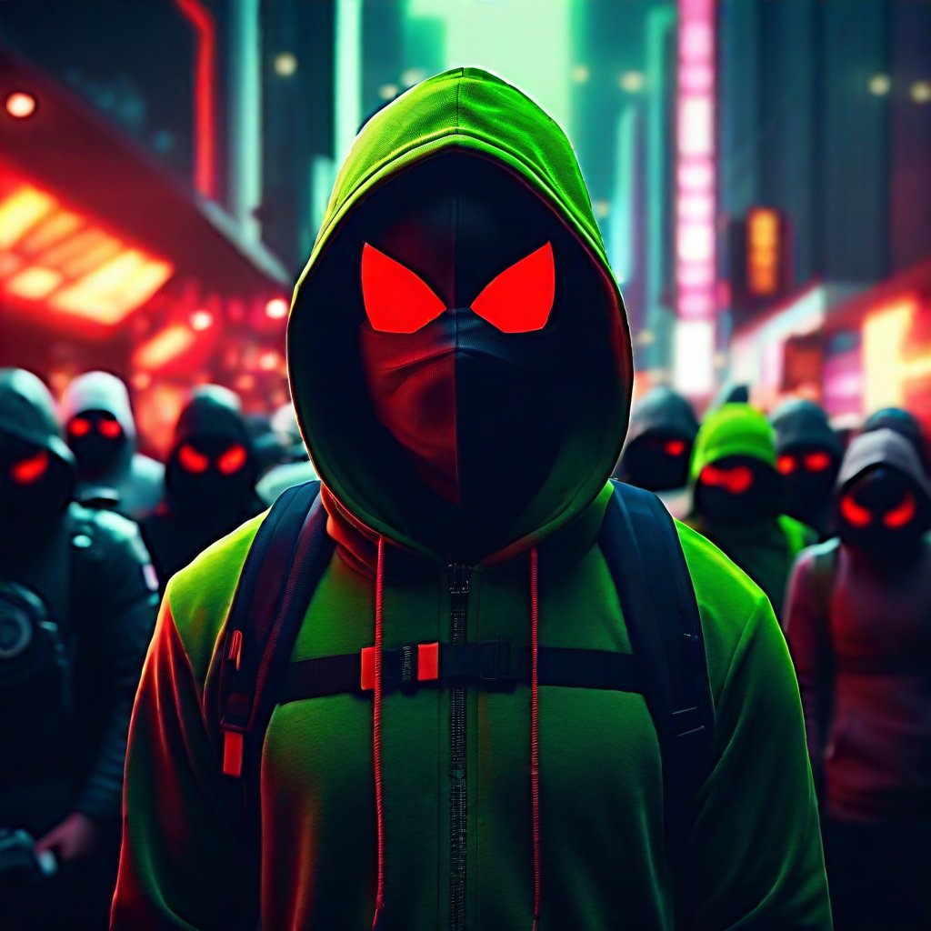 A MAN STANDING IN THE MIDDLE OF A CROWD WEARING A OVERALL, HOOD AND A LIME GREEN MASK WITH LARGE RED EYES, dark fantasy, 4k cinematic, octane render

