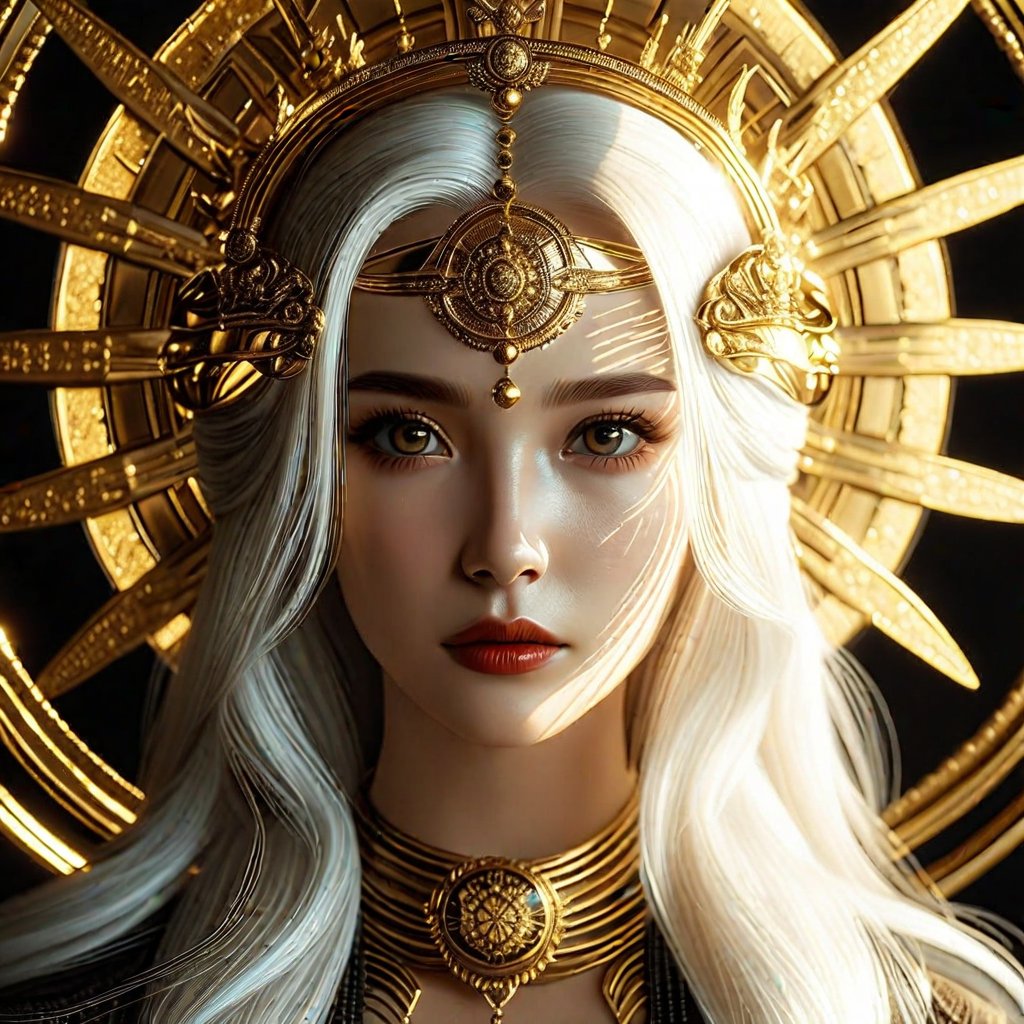 white hair sun queen partially golden face dark fantasy 4k cinematic octane render