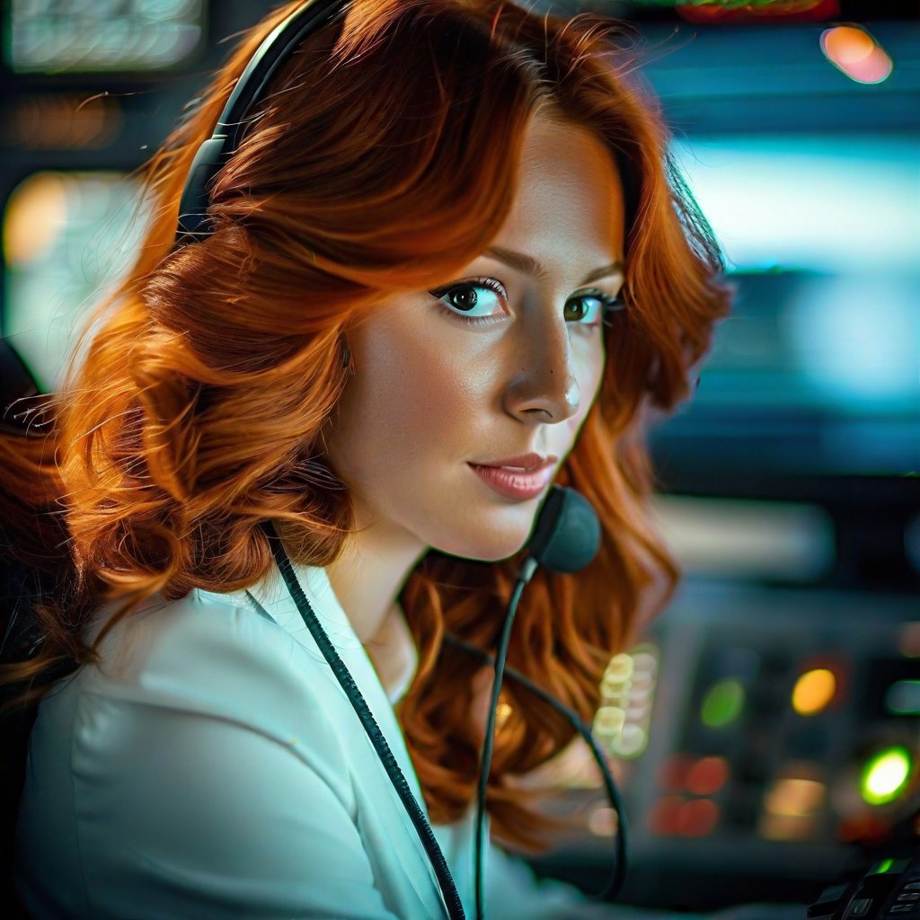 

A TELEPHONE OPERATOR WEARING 70'S EQUIPMENT, SHE IS REDHEAD AND BEAUTIFUL, shallow depth of field, vignette, highly detailed, high budget Hollywood movie, bokeh, cinemascope, moody, epic, gorgeous, film grain, grainy