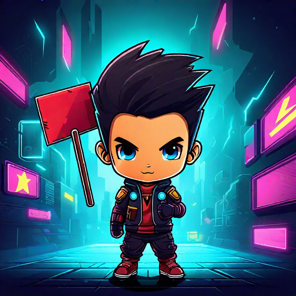 FLUX  CHIBI CYBERPUNK BOY HOLDING A BLANK SIGN OVER HIS HEAD