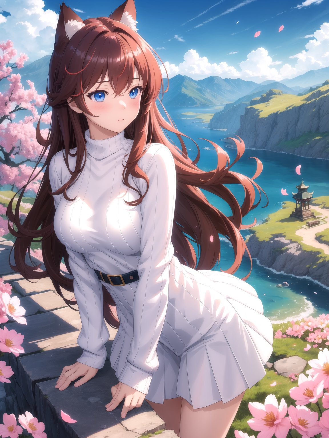 (masterpiece, best quality, highres), anime art style, pixiv, 1girl, solo, far shot,scenery, wind, petals, flowers, rim lighting, shrine, mountainous horizon, vegetation,lens flare, light scatter, depth of field, lens refraction,dark red hair, long hair, blue eyes, straight hair, cat ears, blush,medium breasts, mature female, white sweater,