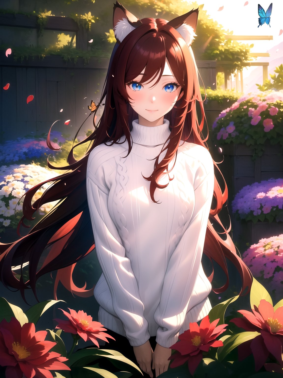 masterpiece, best quality, highres booru, 1girl, solo, abstract,
scenery, depth of field, rim lighting, flowers, petals, butterfly, vegetation,
raifu, dark red hair, straight hair, blue eyes, cat ears, blush,
(medium breasts:0.8), mature female, white sweater, slight smile,