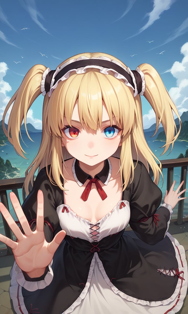 score_9, score_8_up, score_7_up, score_6_up, score_5_up, score_4_up, source_anime, BREAK 1girl, solo, hasegawa_kobato, heterochromia, blue eyes, red eyes, blonde hair, two side up, hairband, gothic lolita, dress, scenery, waving, light smile, looking at viewer, pov, 