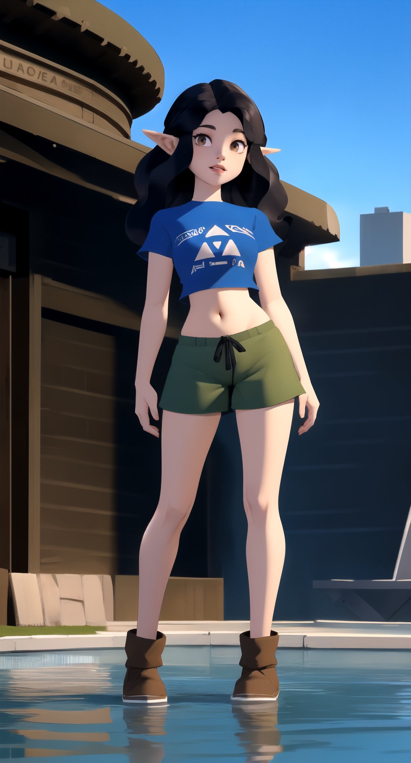 centered, 3d, 3d model, n64style, ocarinaoftime, majorasmask, masterpiece, | young adult woman, | blue t-shirt navel length, lowleg shorts, snicker, | market, outdoors, city, | black hair, wavy hair, (dark brown eyes), | so-hyun.lvl2